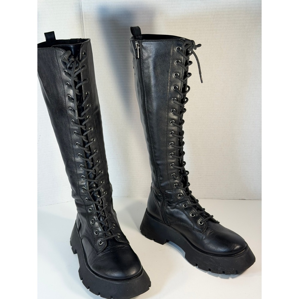 Circus by Sam Edelman Black Lace Up Knee High Lug Sole Combat Boots Womens 7.5
